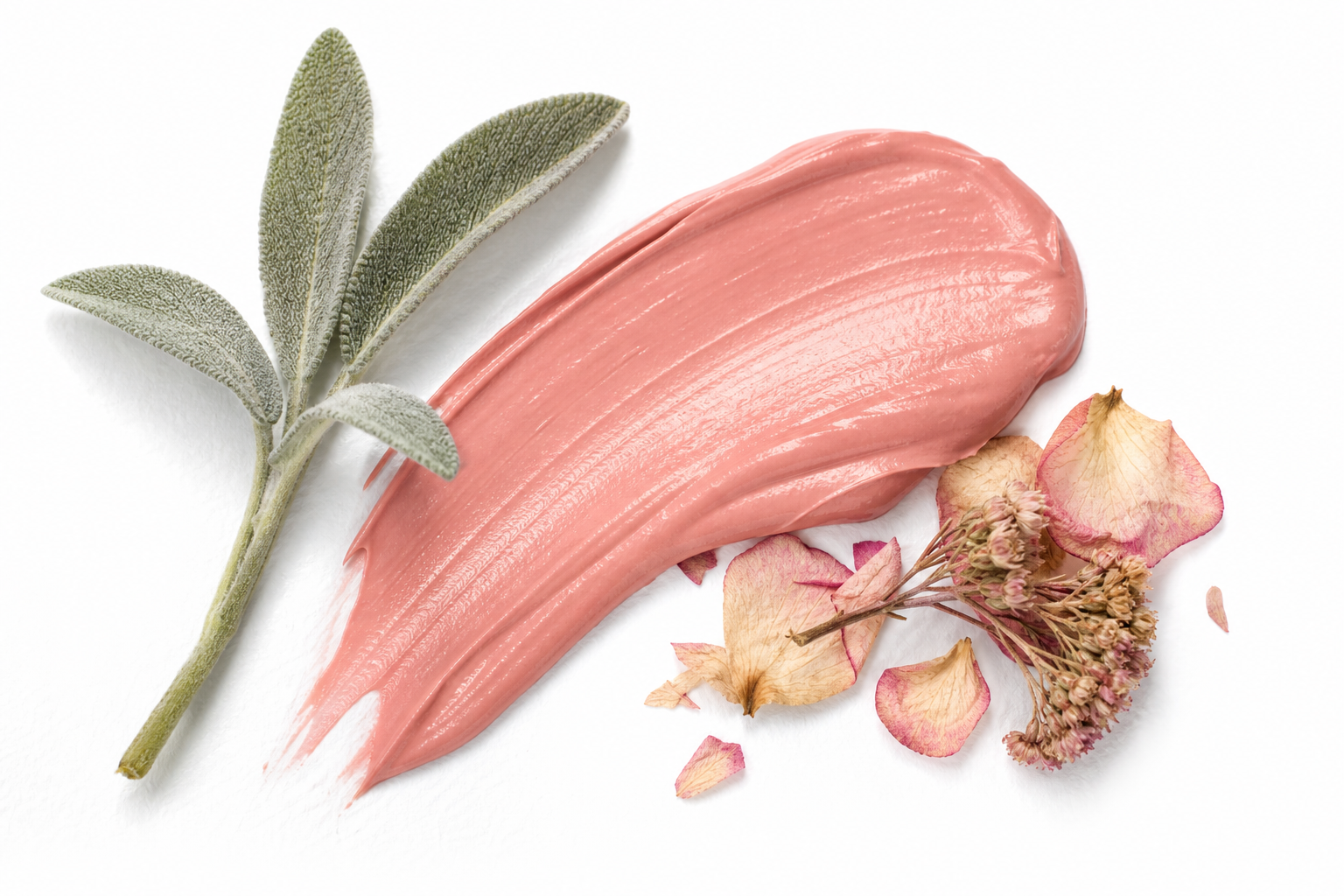 Creamy blush moisturizer texture with sage and petals