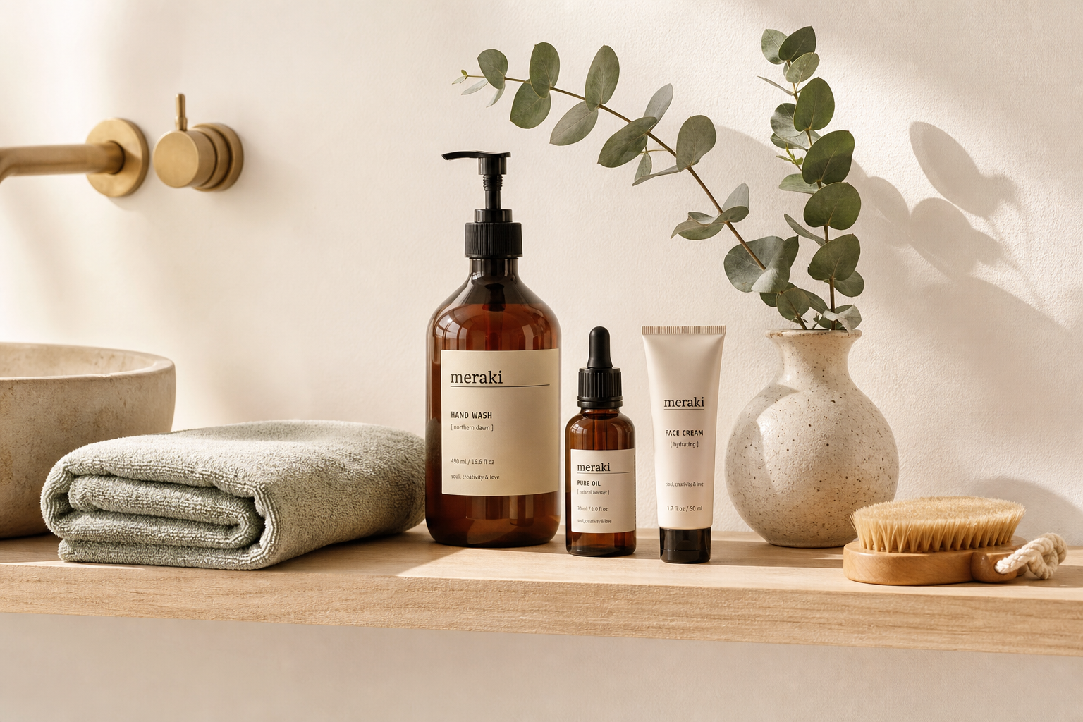 Sunlit bathroom shelf with HERA SKIN bottles