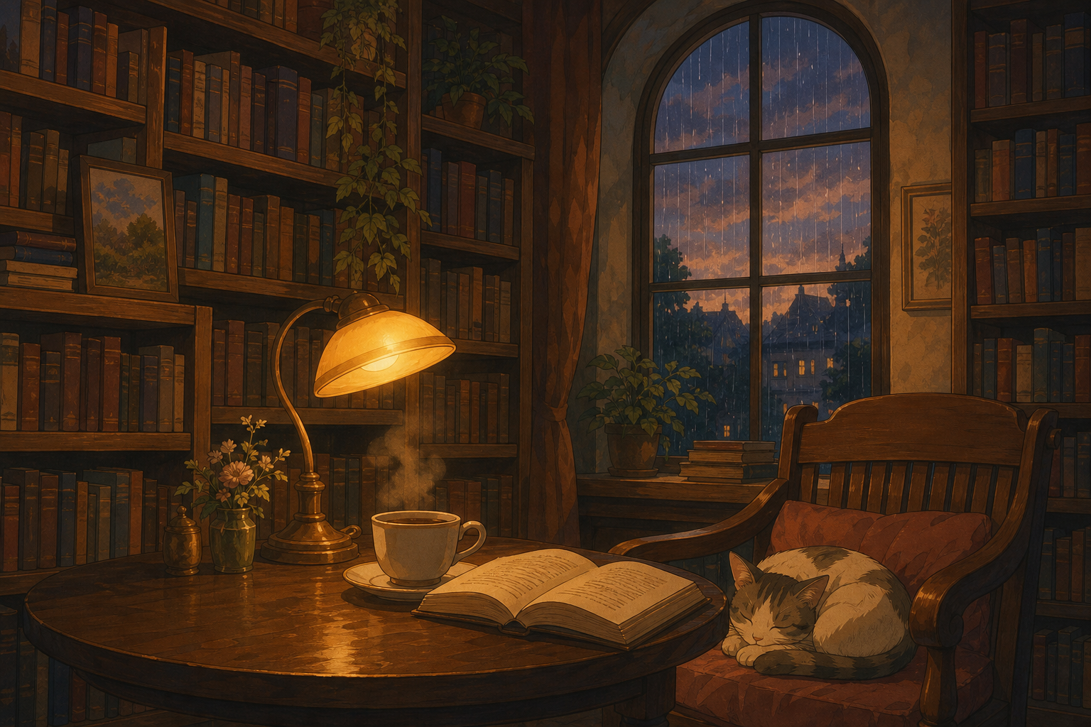 A cozy Ghibli-style library with wooden bookshelves, a small table with a cup of coffee and a glowing lamp, rain at the window