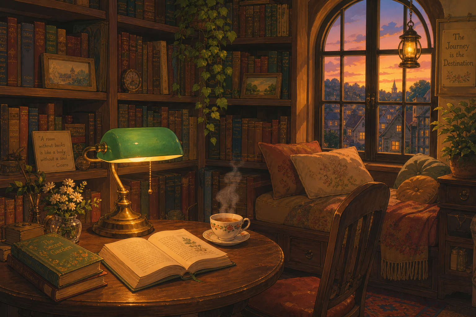A Ghibli-style library nook with a wooden reading table, a brass lamp, an open book and tall bookshelves